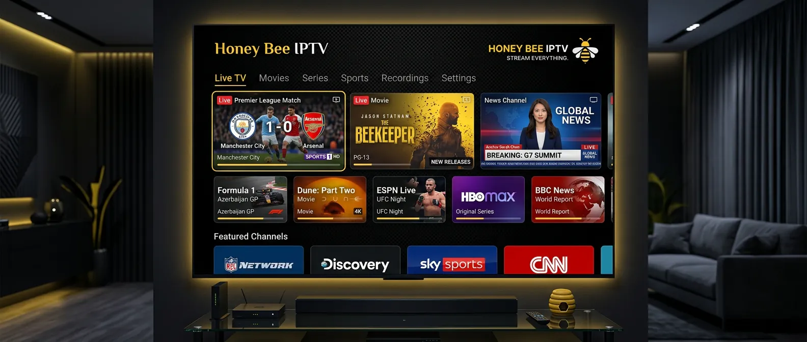 Honey Bee IPTV 24000+ live channels grid wall